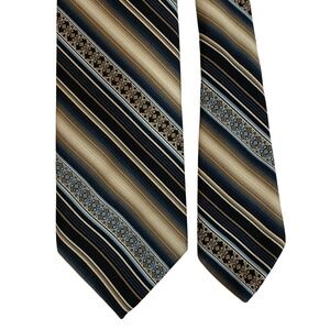 Vintage Wembley Wemlon Mens Necktie Blue Tan Black Striped Geometric Classic Tie